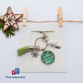   Karácsonyi antik ezüst színű kulcstartó kerek képtartós medállal