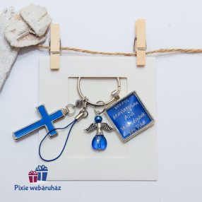   Kék kereszt, antik ezüst színű  kulcstartó szögletes képtartós medállal