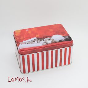   Szögletes levehető tetejű fém doboz Karácsonyi mintával  (cica gömbbel)