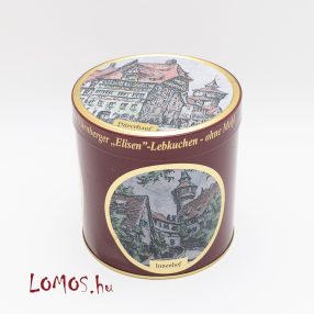   Levehető tetejű henger alakú süteményes Nürnberg fém doboz Elisen- Lebkuchen
