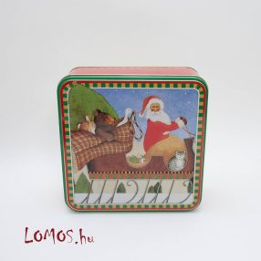  Szögletes levehető tetejű Karácsonyi fém doboz Mikulással szánon