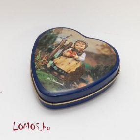   Szív alakú fém doboz, levehető tetővel Kislány szívvel mintával M.I. Hummel