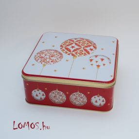   Karácsonyi fém doboz, levehető tetővel, gömbök mintával