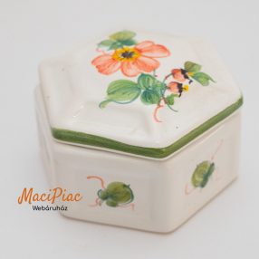   6 szögletű porcelán levehető tetejű virág, termés mintás bonbonier jelzett Német AUSTRIAN AIRLINES