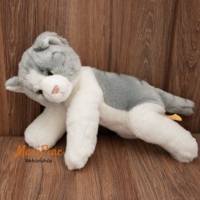   Fehér szürke foltos fekvő, hasaló plüss macska, cica Simpex Toys