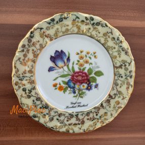   Vintage fali kis tányér, aranyoszott szegéllyel gyönyörű virág mintás Moorbad Harbach osztrák községben készült