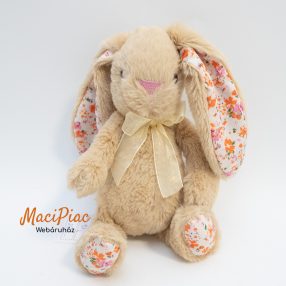   Plüss nyúl, barna nyuszi virág mintás belső fülekkel, puha, selymes