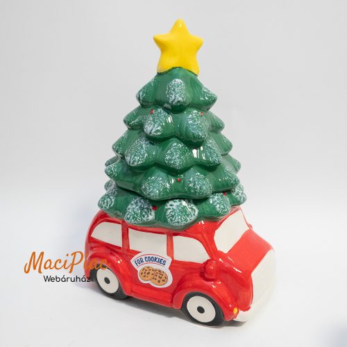 Christmas Tree & Car Cookie Jar kerámia karácsonyi autó alakú, karácsonyfás fedeles keksz, csokitartó, cukortartó