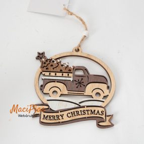   Fából készült autó karácsonyfával karácsonyi gömb dekoráció, akasztható HAPPY CHRISTMAS felírattal, lézervágott új!