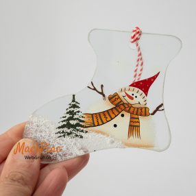  Karácsonyi csizma, üvegből hóember mintával, akasztható dekoráció Kézi festés!