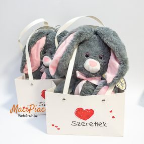   Plüss finom puha szőrmés szürke nyúl, nyuszi csillogós szemű SZERETLEK felíratos táskában Új! SUN-DAY (akasztós) 