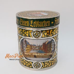   Dombor mintás levehető tetejű henger alakú régebbi német Lebkuchen-Schidt csokoládás 2005-ös nürnbergi fém doboz 