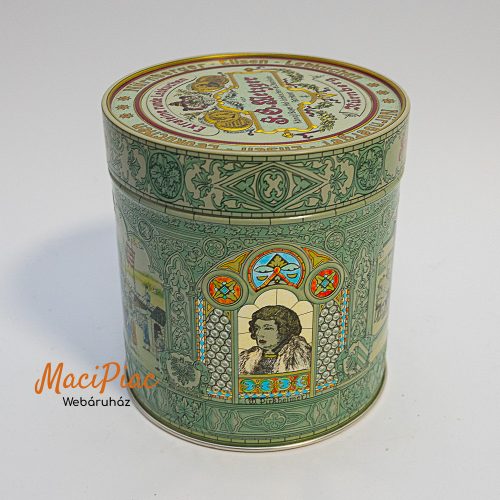 Levehető tetejű henger alakú csokoládés dombor mintás fém doboz Vintage German Chocolates Tin Haeberlein Metzger Nurnberger Military Household 