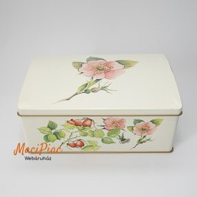   Téglalap alakú íves felnyitható tetejű vadvirág, növény mintás angol fém doboz retró keksz doboz tervező Louise Carling Roses and Berries tavasz