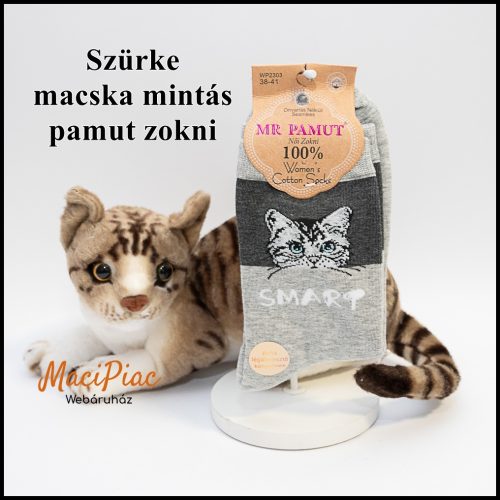 Női orrvarrás nélküli macska mintás 100% pamut, puha légáteresztő kényelmes szürke zokni 38-41 méret Új!