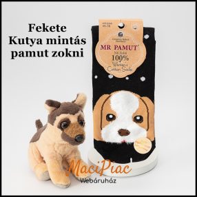   Női orrvarrás nélküli kutya mintás 100% pamut, puha légáteresztő kényelmes fekete zokni 38-41 méret Új!