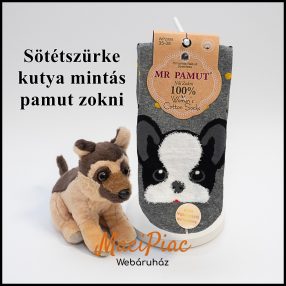   Női orrvarrás nélküli kutya mintás 100% pamut, puha légáteresztő kényelmes sütétszürke zokni 38-41 méret Új!