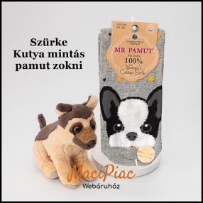   Női orrvarrás nélküli kutya mintás 100% pamut, puha légáteresztő kényelmes középszürke zokni 35-38 méret Új!