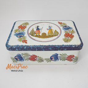   Vintage 1940 MASSILLY Quimper Design téglalap alakú felnyitható tetejű  kekszes fém doboz Tin France 
