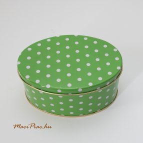   Ovális levehető tetejű zöld alapon fehér pöttyös fém doboz