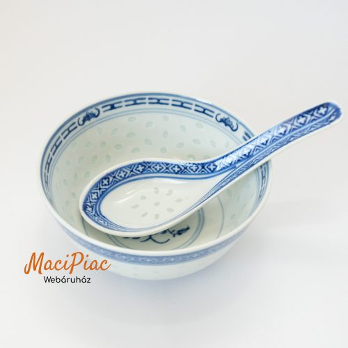 Vintage kínai rizses porcelán mélytál kanállal - rizstál - átlátszó rizsszem mintával