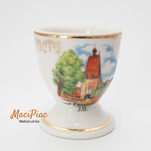 Porcelán lágytojástartó, tojástartó arany szegéllyel Austria Freistandt J.Ö  templomtorony mintás Jelzett! 