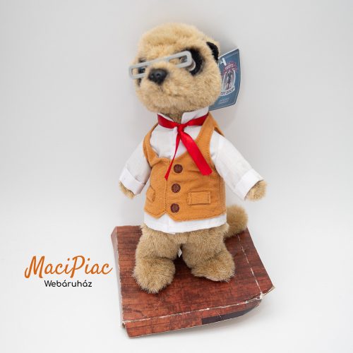 Plüss szurikáta csíkos nyakkendőben, szemüvegben, azonosító kártyával a köpenyén OFFICIALS PRODUCT OF MEERKOVO