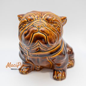   Bulldog kutya nipp, dísztárgy, persely barna mázas kerámia (nagyobb méretű) Hungary Iparművészeti termék Budapest Világhy (aláírással)