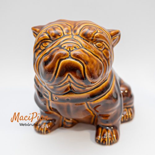 Bulldog kutya nipp, dísztárgy, persely barna mázas kerámia (nagyobb méretű) Hungary Iparművészeti termék Budapest Világhy (aláírással)