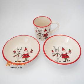   Porcelán reggeliző szett gyereknek, Mikulás rénszarvas mintás tányér + bögre (1 tányér ajándék)