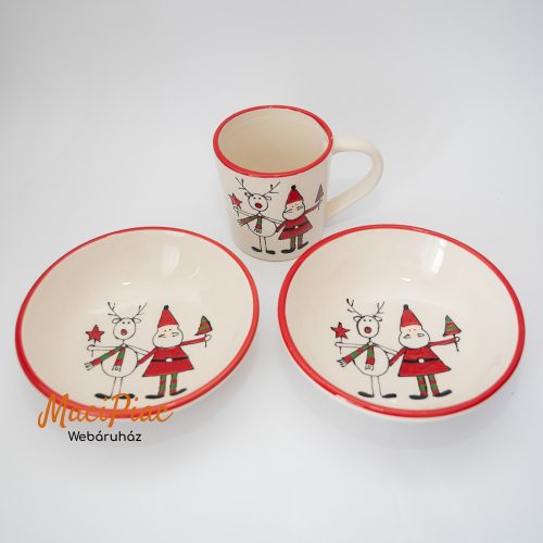 Porcelán reggeliző szett gyereknek, Mikulás rénszarvas mintás tányér + bögre (1 tányér ajándék)