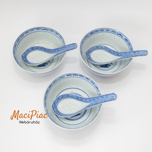 Vintage kínai rizses porcelán mélytál kanállal - rizstál - átlátszó rizsszem mintával 3 db szett