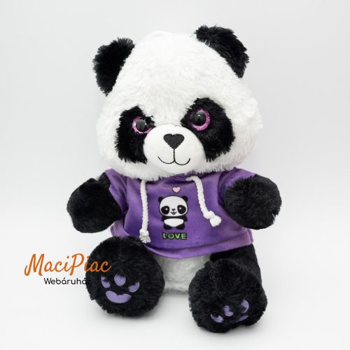Plüss panda maci lila csillogó szemekkel, lila kapucnis pólóban LOVE felírattal Puha, ölelnivaló! Landahl & Baumann Spielwaren GmbH