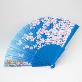 Műanyag nyelű selyem legyező kék virág mintás Új!