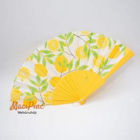 Műanyag nyelű selyem legyező sárga citrom mintás Új!