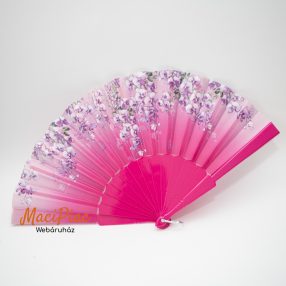 Műanyag nyelű selyem legyező lila virág mintás Új!