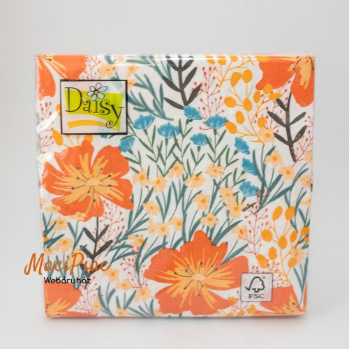 Narancssárga kék virág mintás szalvéta Daisy 33x33 cm 20 darabos 3 rétegű Új csomag