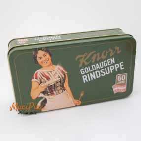 Szögletes levehető tetejű Knorr régi fém doboz