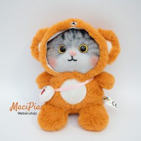   Szürke csillogó szemű plüss cica, macska macis jelmezben oldaltáskával nagyon cuki Toys Unlimited 