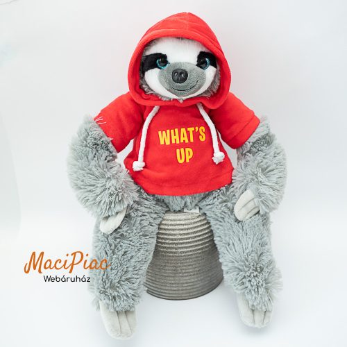 Puha plüss szürke lajhár piros kapucnis WHAT'S UP felíratú pulcsiban FLO'S TOYS (csillogós kék szem)
