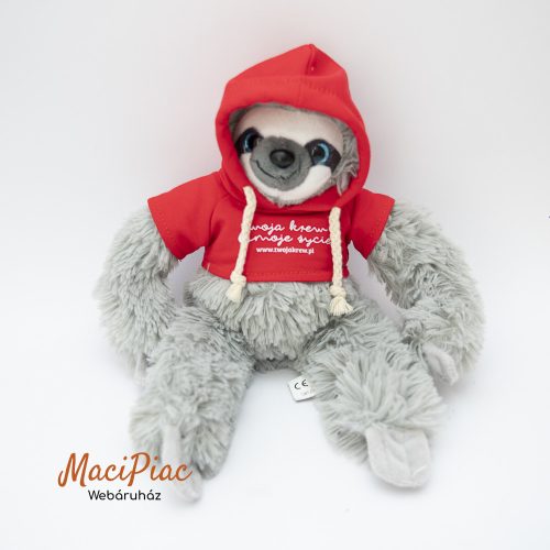 Puha plüss szürke lajhár piros kapucnis pulcsiban FLO'S TOYS (csillogós kék szem) felírat „a te véred, az én életem”