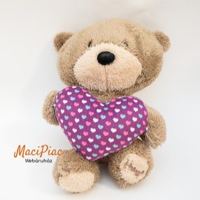 Plüss Hugs maci, plüss lila szívvel a kezében
