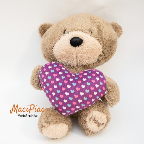 Plüss Hugs maci, plüss lila szívvel a kezében