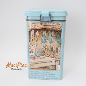   Nyúl Péter téglalap alakú felhajtható csatos tetejű kávés fém doboz Austria (aroma zárós) + műanyag adagoló Eduscho 1988 Hase Beatrix Potter Peter Rabbit