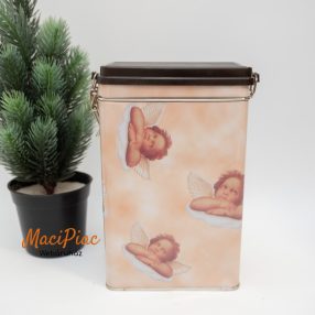   Barna angyal mintás téglalap alakú felhajtható csatos tetejű kávés fém doboz Austria (aroma zárós)