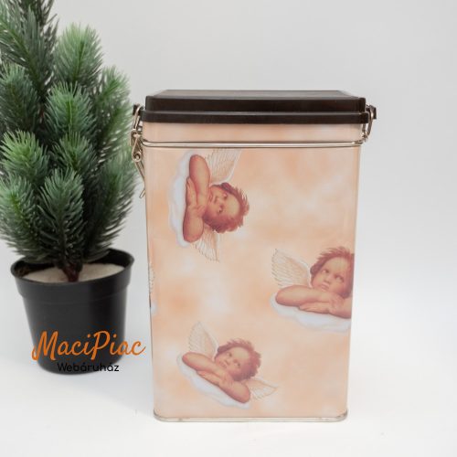 Barna angyal mintás téglalap alakú felhajtható csatos tetejű kávés fém doboz Austria (aroma zárós)