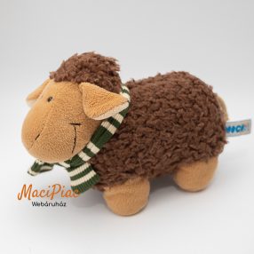   Plüss Nici barna bari, bárány zöld színű csíkos kötött sállal a nyakában