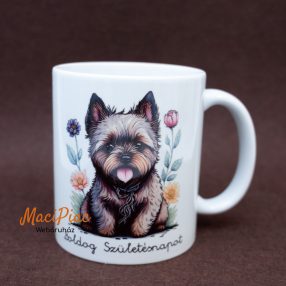   Kutya és virág mintás kerámia bögre Boldog szülinapot felírattal (mindkét oldalán ugyanaz a minta van) Új!