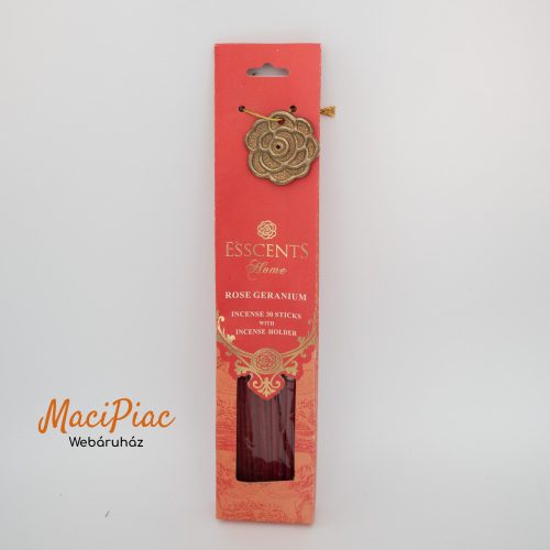 ROSE GERANIUM füstölő szállak 30 db és 1 db virág RÓZSA alakú fém füstölőtartó ESSCENTS HOME rózsamuskátli illat