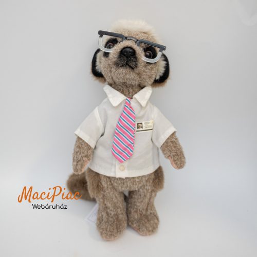 Plüss szurikáta csíkos nyakkendőben, szemüvegben, azonosító kártyával a köpenyén OFFICIALS PRODUCT OF MEERKOVO